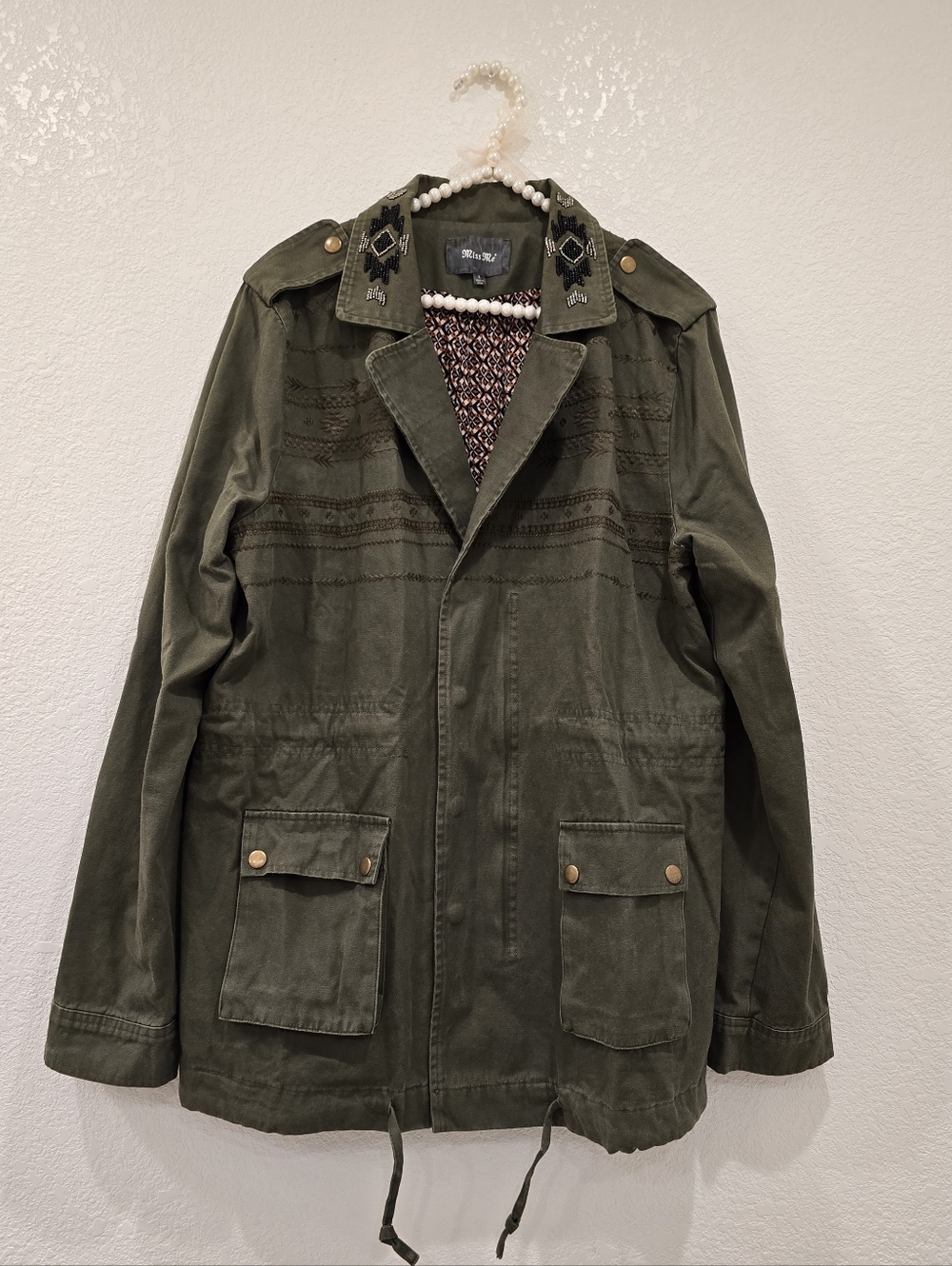 Miss Me Olive Green military utility jacket  beaded embroidery Aztec Pattern  L